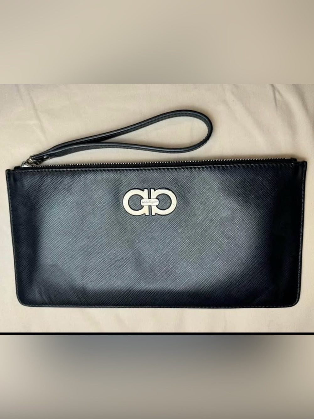 Salvatore Ferragamo Black Saffiano Leather Wristlet with Silver Gancini